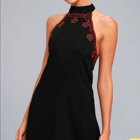 Lulus Dresses & Skirts - LULUS Black Halter Mini Dress W/Orange embroidery